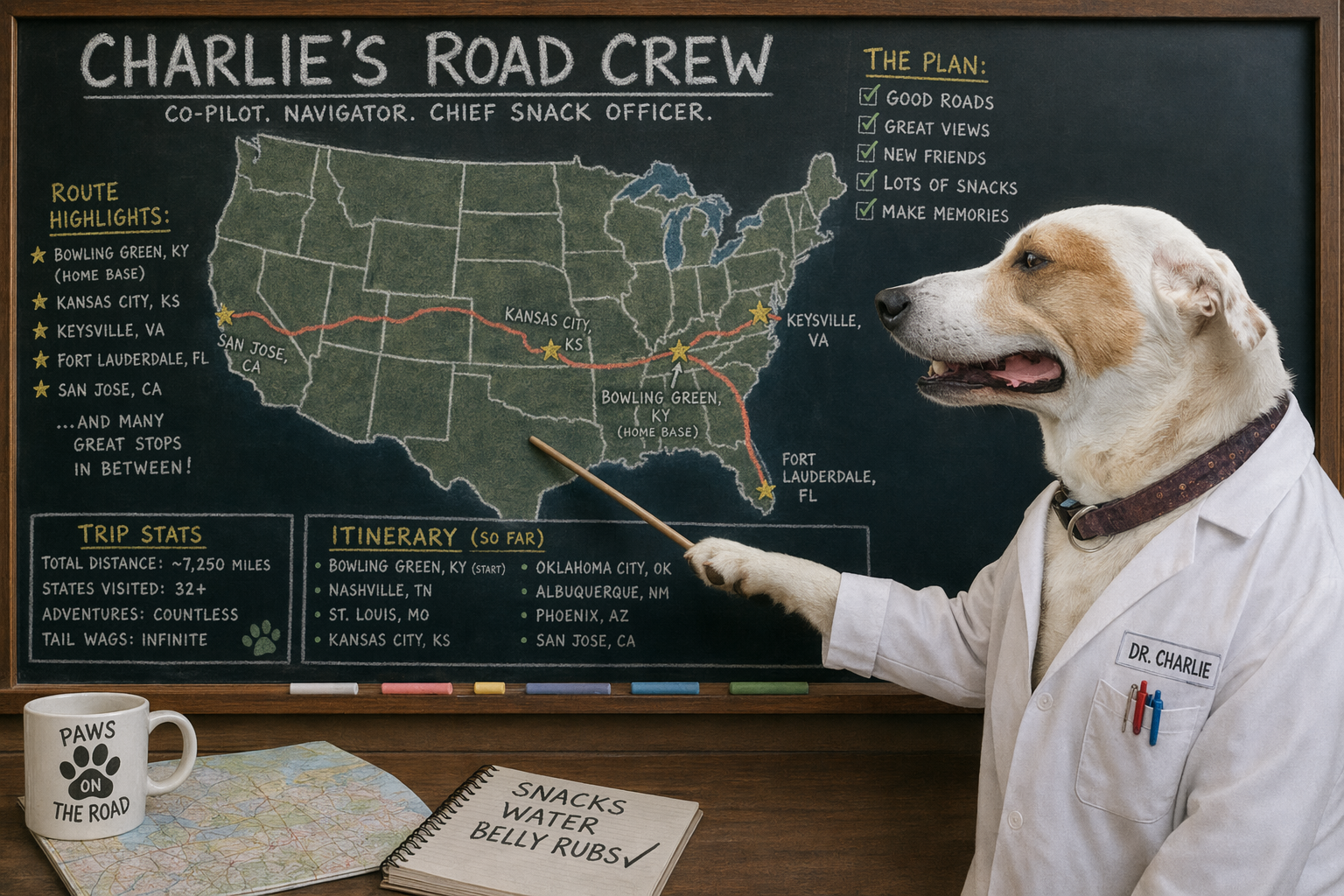 Charlie's chalkboard mission plan — route map from Bowling Green to Fort Lauderdale with checklist: Driver confirmed, Vehicle in progress, Road Crew that's you